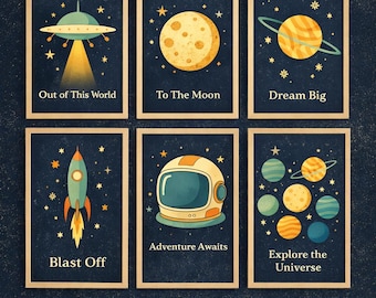 Set of 6 Space Prints | Vintage Planets, Rockets, Astronauts (Digital Download)