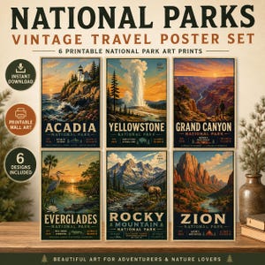 May include: A set of six vintage-style travel posters featuring National Parks: Acadia, Yellowstone, Grand Canyon, Everglades, Rocky Mountain, and Zion. Each print displays a landscape illustration with text, including the park name and established date.