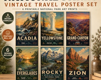 National Park Wall Art Set | Vintage Travel Posters | Yellowstone Zion Grand Canyon Rocky Mountain Everglades Acadia | Printable Wall Art
