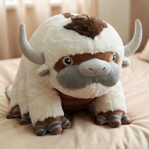 Pode incluir: Um brinquedo de pel&uacute;cia de uma criatura semelhante a um bisonte, principalmente branco com detalhes marrons e cinza. O brinquedo tem chifres grandes e curvos, um corpo arredondado e tra&ccedil;os faciais detalhados. Os p&eacute;s da criatura t&ecirc;m detalhes listrados.