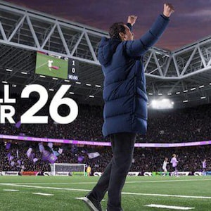 May include: Image of a football stadium with the text "FOOTBALL MANAGER 26". A person in a blue jacket stands on the field with arms raised. The stadium is filled with spectators, and a scoreboard displays the score.