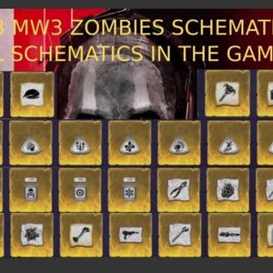 May include: Image featuring a collection of 33 schematics from the MW3 Zombies game, each displayed on a golden-yellow square. The text "ALL 33 MW3 ZOMBIES SCHEMATICS ALL SCHEMATICS IN THE GAME" is at the top. The schematics are varied, with icons.