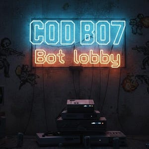 May include: A neon sign with the text "COD BO7 Bot lobby" in blue and orange. Pixelated figures of soldiers are on the wall. Below the sign are several retro gaming consoles stacked on top of each other.