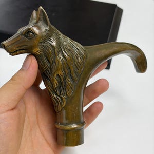 Può includere: Un pomolo per bastone in metallo color bronzo raffigurante una testa di lupo scolpita e dettagliata, con pelo testurizzato e orecchie a punta. L'impugnatura presenta una forma curva che parte dal collo e una base cilindrica di fissaggio.