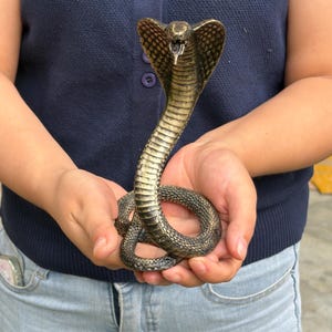 May include: A metallic bronze-colored cobra figurine with a coiled body and an upright, flared hood. The snake has a textured scale pattern across its entire surface, with its mouth open to reveal fangs and a forked tongue in a striking pose.