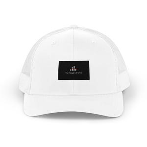 May include: White trucker hat with a mesh back and a curved brim. The front features a black rectangular patch with a graphic of white bars and the text "The Margin of Error" in white.