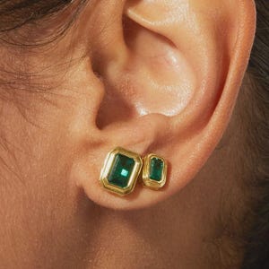 Emerald Cut Green Gemstone Stud Earrings in Solid Gold, Minimalist Bezel Studs, Dainty Everyday Earrings, May Birthstone Jewelry Gift