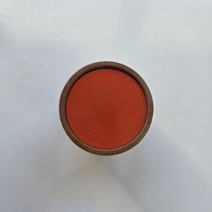 May include: A circular object featuring a flat, solid burnt orange center disc encased within a smooth, dark brown wooden rim. The design is symmetrical, presenting a clean, top-down view of the circular form with a distinct contrast between the orange surface and the dark wood border.