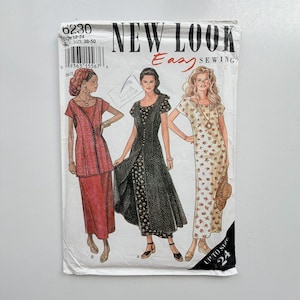 May include: A New Look Easy Sewing pattern envelope 6230 featuring illustrations of three different dress styles. The pattern includes sizes 12-24 and 38-50. The designs show a red dress, a black floral dress, and a white floral dress with a hat.