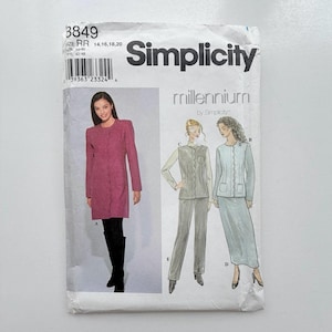 May include: Simplicity sewing pattern 3849 for a long-sleeved jacket with a scalloped front closure. The envelope features a photograph of a person wearing a magenta jacket and illustrations of three variations including a vest, trousers, and a skirt.