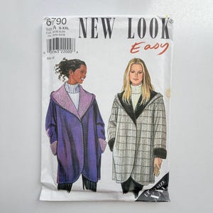 May include: A New Look Easy sewing pattern envelope 6790 for sizes S-XXL. The front features illustrations of two hooded coats: one solid purple with a textured lavender collar and cuffs, and one white and black plaid with a black collar and cuffs.
