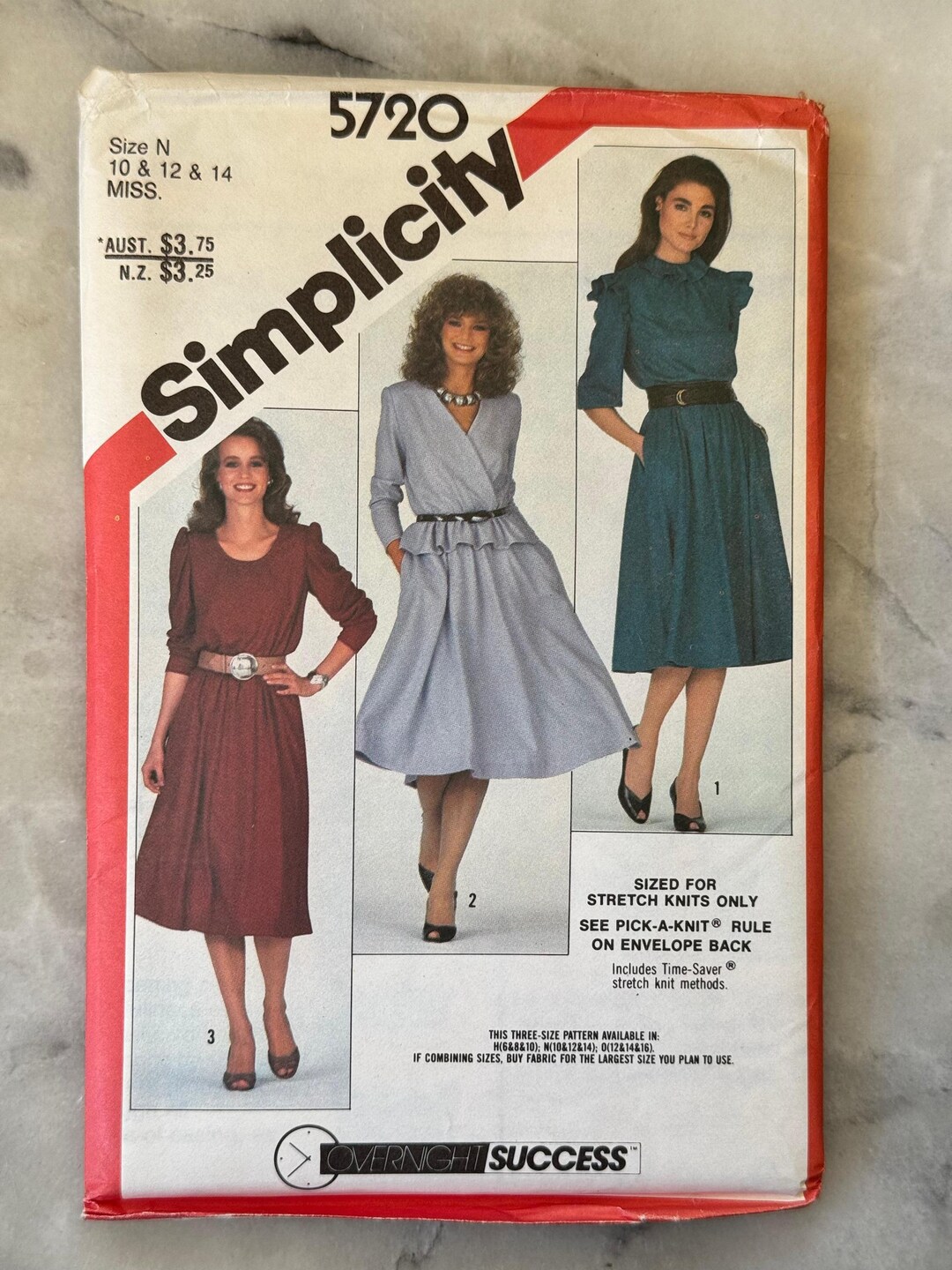 1983 Simplicity 5720 Sewing Pattern - Misses' Knit Pullover Dress (size ...