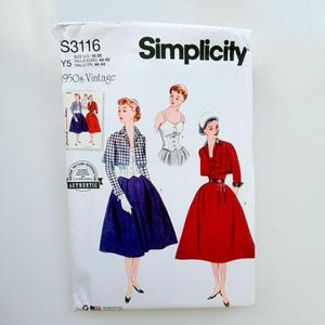 2025 Simplicity S3116 Sömnadsmönster – 1950-tals vintagejackor, överdel och kjolar (storlekar 18-26) – Oklippt och fabriksvikt
