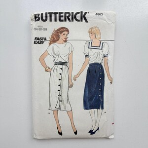 May include: Butterick sewing pattern 4863 for sizes 14-16-18, labelled Fast & Easy. The envelope features illustrations of two skirt styles: a white skirt with a striped waistband and front buttons, and a dark blue skirt with side buttons.