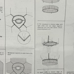 May include: A detailed sewing pattern instruction sheet with diagrams and text. The sheet shows steps for garment construction, including pinning waistbands, applying cuffs, and stitching seams. The text includes instructions for sleeves and yoke.