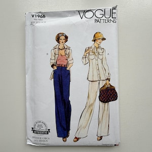May include: Vogue Patterns sewing pattern V1966. The pattern shows illustrations of two women in 1970s-style outfits. The pattern includes a jacket, trousers, and a top. The text on the pattern reads "AUTHENTIC REISSUE CIRCA 1975 DESIGN".