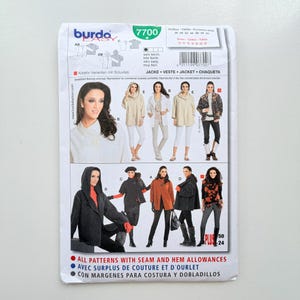 May include: A Burda Easy 7700 sewing pattern envelope for jackets. The white paper packaging features illustrations of various jacket styles, including hooded and open-front designs, with text labels and sizing information for sizes 38 to 50.