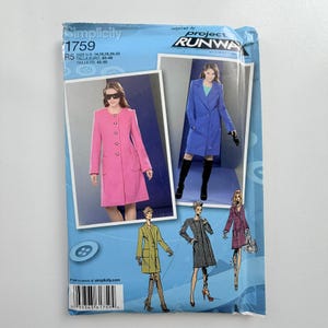 May include: A Simplicity 1759 sewing pattern envelope for a coat. The blue package features photos of a pink coat and a blue coat, along with three fashion illustrations of coats in olive, black, and plaid. Text includes Simplicity 1759 and Project Runway.