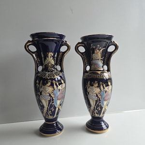 1980s Set of 2 INIAS Greek Amphora Vases – 23.5 cm (9.3 in) High x 8.5 cm (3.3 in) Diameter Made in Greece