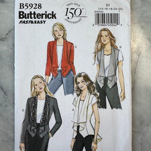 May include: A Butterick sewing pattern, B5928, featuring illustrations of women's jackets and vests. The pattern includes the text "FAST & EASY" and celebrates the 150th anniversary of Butterick. Size E5 is indicated.