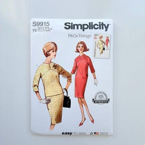 May include: A Simplicity S9915 sewing pattern envelope for 1960s vintage clothing. The white paper cover features illustrations of two outfits: a yellow textured two-piece skirt suit and a solid red dress, both with three-quarter length sleeves.
