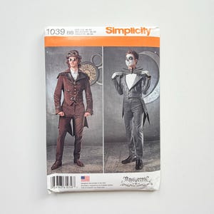 May include: A Simplicity 1039 BB sewing pattern envelope featuring two costume variations. One shows a brown steampunk-style jacket and trousers, the other a black tailcoat with a bat-wing collar. The text includes size US 46-52 and Euro 56-62.