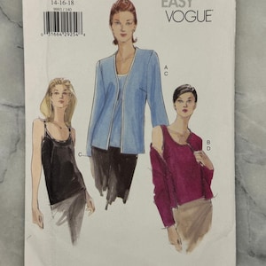 May include: A Very Easy Vogue pattern envelope featuring illustrations of women's tops and jackets. The pattern number is 9993, and the size range is 14-16-18. The envelope has a white background with text and illustrations.