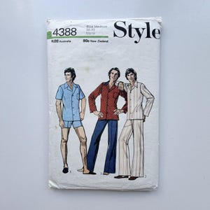 May include: A white paper sewing pattern envelope labeled Style 4388, Size Medium 38-40. The front displays illustrations of three pajama sets: a light blue short-sleeve top and shorts, a red patterned long-sleeve top with blue pants, and a striped long-sleeve top with pants.