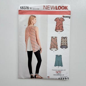 May include: New Look sewing pattern K6376 for a sleeveless top with a split back design. The envelope displays illustrations of four variations of the top in different patterns and colours, including floral and geometric prints, with size U.S. 6-18.