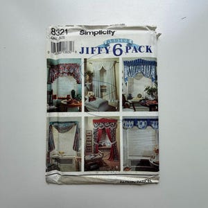 May include: A vintage Simplicity sewing pattern titled "Abbie's Jiffy 6 Pack." The pattern features six different curtain designs, with illustrations of each style. The package is white with a barcode and the number 8321.