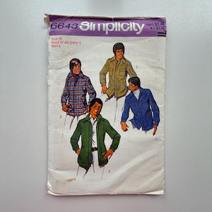 May include: A vintage Simplicity sewing pattern, size 36, with illustrations of jackets in red plaid, olive green, blue, and tan. The pattern includes measurements for a 37 cm neck. The pattern is for men's jackets.