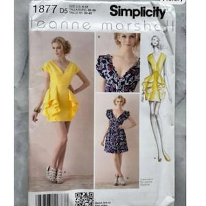 May include: Simplicity sewing pattern 1877 by designer Jeanne Marshall. The pattern features a yellow dress with a V-neck and ruffled skirt, and a floral print dress. The pattern size is UK 8-16.