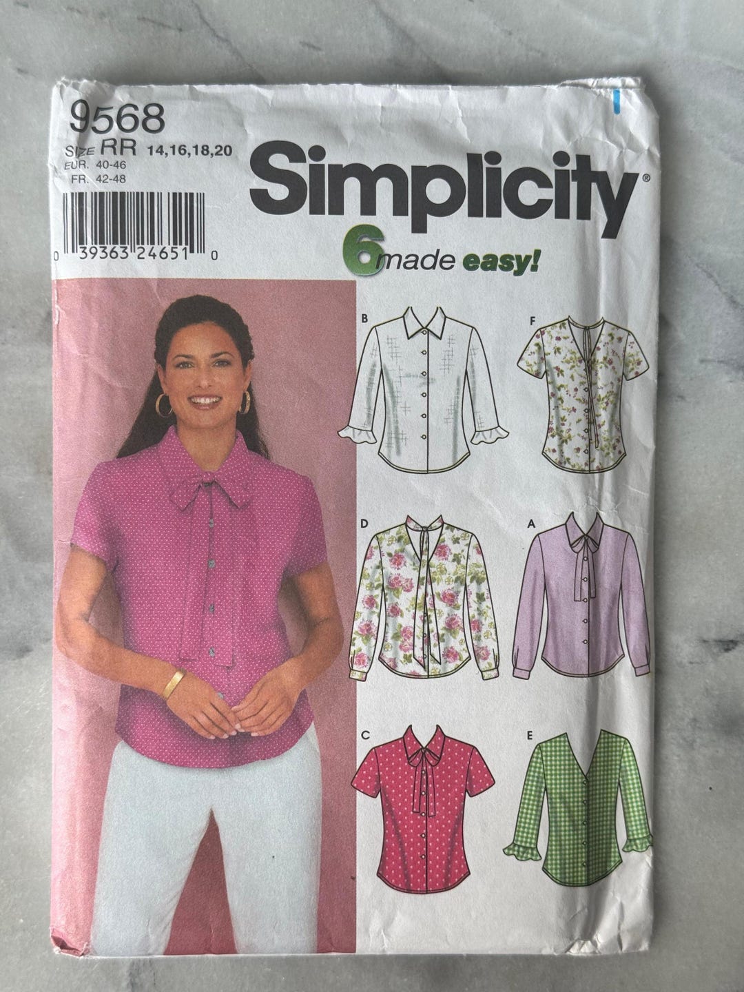 2001 Simplicity 9568 Sewing Pattern - Misses' Blouses (sizes 14-20 ...