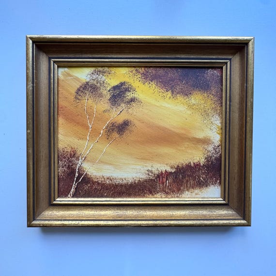 1980年代ヴィンテージ額入り風景油絵 - 秋の木々の風景 - 31 x 25 cm
