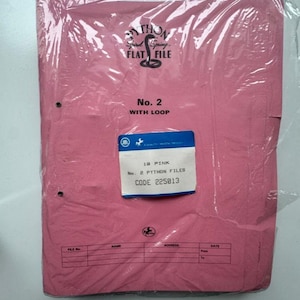 May include: A pink rectangular flat file folder enclosed in clear plastic packaging. The cover features the text Python Spiral Spring FLAT FILE, No. 2 WITH LOOP, and a label reading 10 PINK No. 2 PYTHON FILES CODE 225013 with a horse logo.