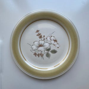 Puede incluir: Un plato redondo de cerámica con un centro color crema y un borde ancho de color verde oliva apagado. El centro presenta una ilustración botánica detallada de flores blancas con contornos marrones, hojas verdes y pequeños capullos marrones.