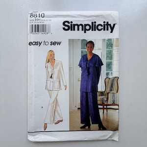 May include: Simplicity sewing pattern 8810, with illustrations of a white pantsuit and a blue pantsuit. The pattern includes sizes HH (6, 8, 10, 12) and EUR (34, 36, 38, 40). The text "easy to sew" is also included.