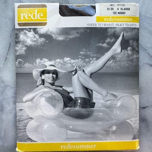 May include: A packet of 'redesummer' sheer to waist, silky tights. The packaging shows a black and white photo of a woman in a swimsuit and hat, relaxing on an inflatable raft at the beach. The packet is white with yellow details.