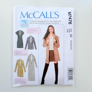 May include: McCall's M7476 sewing pattern envelope for beginner-level jackets and coats. The white paper packaging features blue and black text, including the brand name, model number M7476, and illustrations of five different garment variations.