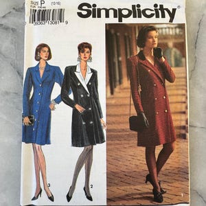 May include: Simplicity pattern 8035, featuring women's coat and dress designs. The cover displays a blue coat, a black coat with a white collar, and a red and black checkered coat. The size is P (12-16). Measurements are EUR P40-44.