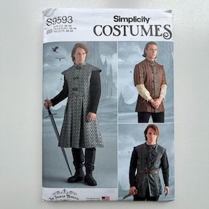 May include: Simplicity Costumes pattern S9593. The pattern features medieval-style costume designs, including a long coat with a patterned front, a brown tunic, and a vest with a belt. The pattern includes sizes 46-52 (U.S.).