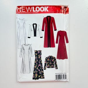 May include: A New Look sewing pattern envelope featuring illustrations of various garments including a long red coat, a floral print jacket, a sleeveless dress, a long-sleeved polka dot dress, and a long-sleeved floral dress, with size 10-22 printed at the top.