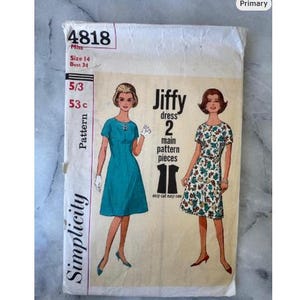 1960-tals vintage Simplicity 4818 sömnadsmönster - Jiffy-klänning med 2 huvuddelar - storlek 14, byst 34 - oklippt och fabriksvikt