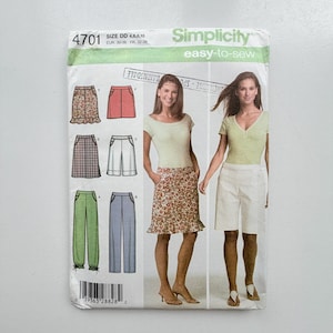 May include: A Simplicity 4701 sewing pattern envelope for skirts and trousers in size DD 4, 6, 8, 10. The front displays illustrations of six garment variations and photographs of two models wearing a floral skirt and white knee-length shorts.