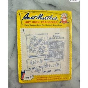 May include: A vintage Aunt Martha's Hot Iron Transfers packet, predominantly yellow, with quilt block designs. The packet features floral and geometric patterns, with the words "His" and "Hers". Suitable for embroidery, textile painting, and needlepoint crafts.