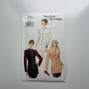 May include: A vintage sewing pattern titled "Very Easy Very Vogue" featuring illustrations of three different jacket designs. The pattern includes a white, tan, and black jacket with button closures. The pattern is for sizes 6-8-10.