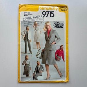 May include: A vintage Simplicity sewing pattern, size 14, featuring a woman's suit and other dress designs. The pattern envelope is yellow with text and images of the finished garments. The bust size is 92 cm.