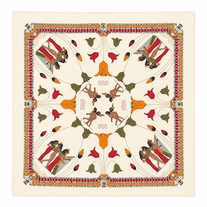 May include: A square off-white scarf featuring a repeating pattern of figures in ancient Egyptian attire, orange lotus flowers, and red and green floral motifs. The border consists of a geometric orange and red band with small black symbols.