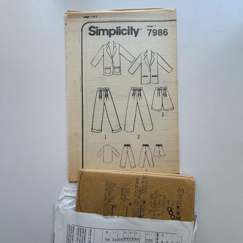 Simplicity Pattern R11878 1988 Simplicity 7986 Sewing Pattern – Jacket, Pants and Shorts (sizes 6 ...