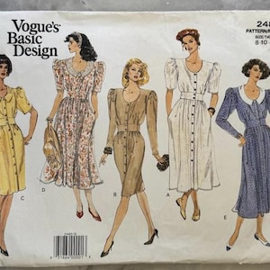 Op de afbeelding: Vogue's Basic Design naaipatroon met illustraties van vijf verschillende jurkmodellen. De jurken zijn in verschillende kleuren en patronen, waaronder geel, bloemen en effen kleuren. Het patroon bevat de maten 8-10-12.